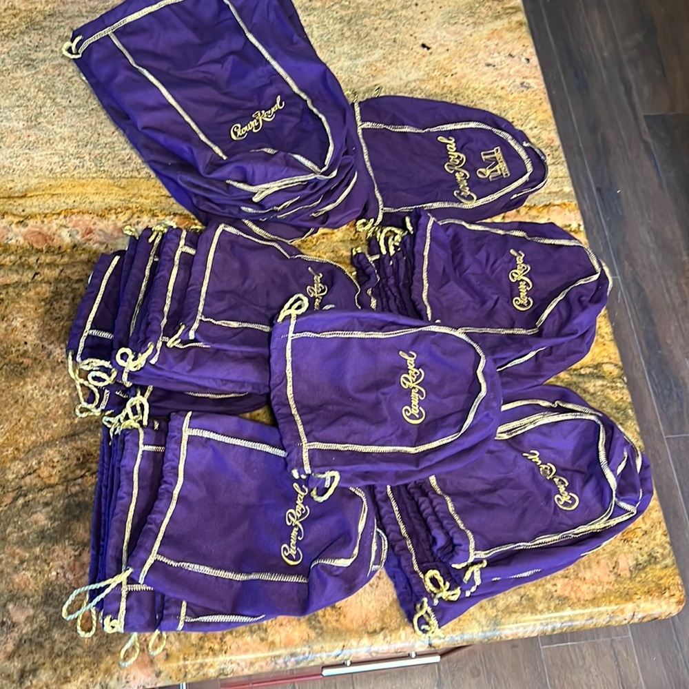 60 crown royal Canadian whiskey bags crafts sewing DIY purple gold